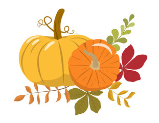 Autumn orange pumpkins, and brown, red leaves corner border. Harvest festival invitation, postcard. Happy Thanksgiving poster. Isolated on white background. Vector illustration.