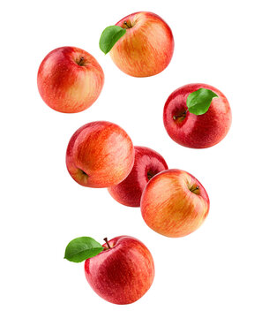 Falling Red apple isolated on white background, clipping path, full depth of field