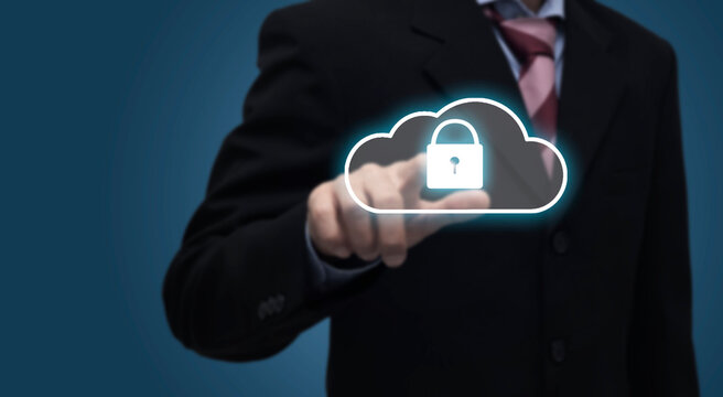 Cloud technology concept Business man hand touch clound computing