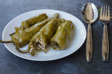 Traditional Turkish foods; Stuffed pepper (Turkish name; biber dolmasi)