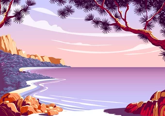 Fototapeten Lila Mediterrane romantische Landschaft mit Pinien, Klippen, Bergen und dem Meer im Hintergrund. Handgemachte Zeichnungsvektorillustration. Plakat im Retro-Stil.  © alaver