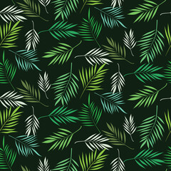 Fototapeta na wymiar Tropical Palm leaves seamless pattern in green and white over dark background. For textile, fabric summer posters and home décor 