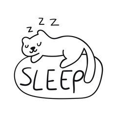 Sleep. Cute domestic cat. Outline illustration on white background.