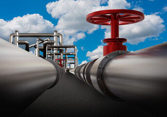 Gas distribution center. Steel pipes next to compressor station. Metal pipe with red valve close-up. Gas pipeline in open air. Gas compressor station. Propane and methane processing. 3d image. - obrazy, fototapety, plakaty