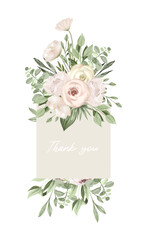 Frame of greenery and white wildflowers, wedding floral card template, illustration on white background, Thank you card design