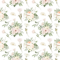 Seamless pattern of white flower bouquets, illustration on white background