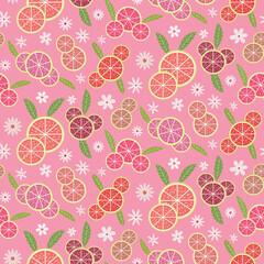 Cute pink lemonade citrus seamless pattern with white flowers and green leaves. For summer textile, fabric and wrapping paper  