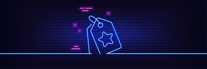 Neon light glow effect. Loyalty star tags line icon. Bonus points. Discount program symbol. 3d line neon glow icon. Brick wall banner. Loyalty tags outline. Vector