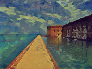 Image of Fort Jefferson in Dry Tortugas National Park; edited to look like a painting. - obrazy, fototapety, plakaty