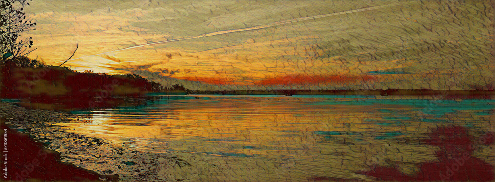 Wall mural Painted images of the sunset in Mason Neck State Park.  With a colorful sky reflected in the water of Belmont Bay. 