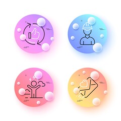 Fototapeta premium Foreman, Love letter and Refresh like minimal line icons. 3d spheres or balls buttons. Difficult stress icons. For web, application, printing. Architect person, Heart, Thumbs up counter. Vector