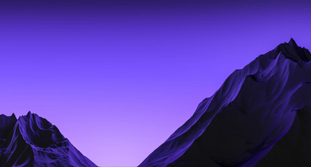 Mountains design. Mountain slope against a purple sky. Cliff mountain slope on a purple-purple dark background. Minimalist concept mountain design. 3D render.