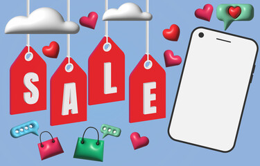 3D Business Red Sale tag hanging on sky, Mobile phone, shopping and business promotion concept.  illustration Background.