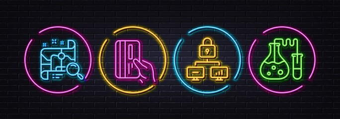 Payment card, Lock and Search map minimal line icons. Neon laser 3d lights. Chemistry lab icons. For web, application, printing. Credit card, Network security, Find address. Laboratory. Vector