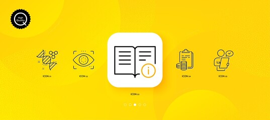 Fototapeta na wymiar Chemistry dna, Accounting and Eye detect minimal line icons. Yellow abstract background. Technical info, Customer survey icons. For web, application, printing. Vector