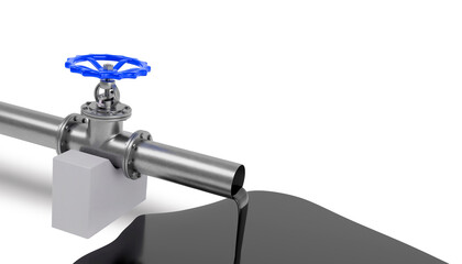 3d render of an oil pipeline with an open valve and flowing oil on a ground with copy space on a white background.Digital image illustration.