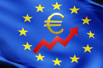 Growing graph in front of EU flag. Arrow symbolizes trends in economy. Euro logo under flag European Union. Increased spending by European countries. Red growth arrow for euro infographic. 3d image