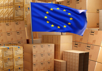 Boxes with European Union flag. Concept of trade with European countries. Visualization cardboxes. Sending parcels to European Union. Warehouse with boxes in EU. Import and export metaphor. 3d image. © Grispb
