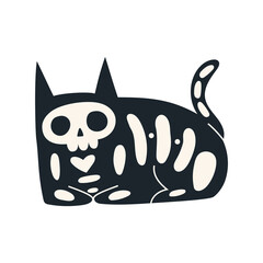 Cartoon black cat with skeleton. Funny Halloween clip art. Trendy modern vector illustration isolated on white background, hand drawn