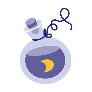 Potion magic elixir bottle with moon, cartoon style. Glass bottle with sleeping liquid. Trendy modern vector illustration, hand drawn