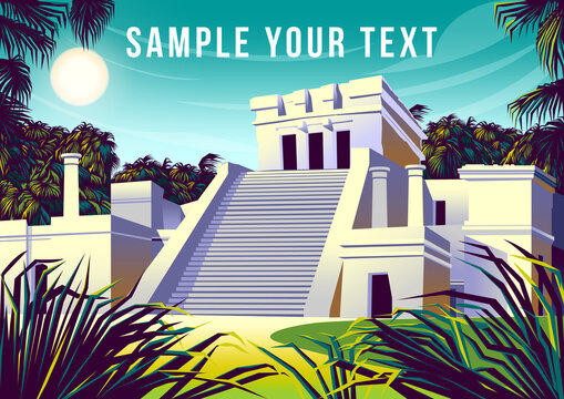 Mayan Pyramid Ruins With Columns And Stairs, Palm Trees And Forest In The Background. Handmade Drawing Vector Illustration.