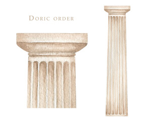 Watercolor antique doric column, Ancient Classic Greek Doric order, Roman Columns Clipart, Pillar Architecture facade elements Realistic drawing illustration isolated on white background
