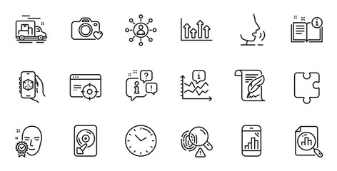 Fototapeta na wymiar Outline set of Hdd, Fingerprint and 3d app line icons for web application. Talk, information, delivery truck outline icon. Include Chart, Time, Puzzle icons. Vector