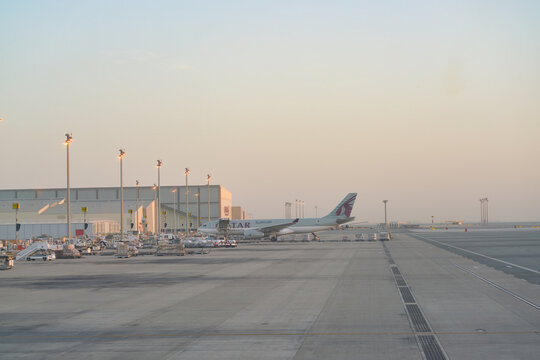 DOHA, QATAR - CIRCA JUNE, 2017: view of Hamad International Airport in the morning.
