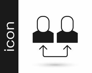 Black Exchange work icon isolated on white background. Information exchange between people. Employee or people Replacement or swap position concept. Vector