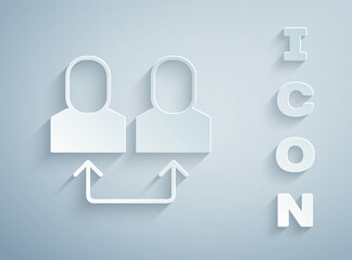 Paper cut Exchange work icon isolated on grey background. Information exchange between people. Employee or people Replacement or swap position concept. Paper art style. Vector