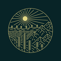 Design of mountains nature wildlife in mono line art, design for badge patch pin graphic illustration vector art t-shirt design