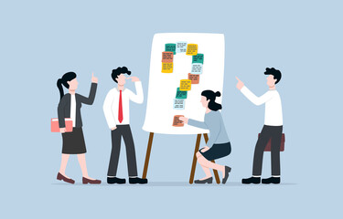 Discuss problems in organisation or company to resolve, team sharing issues or doubts in order to have smooth operation concept. Businesspersons attaching sticky notes to whiteboard as question mark.