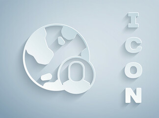 Paper cut Globe and people icon isolated on grey background. Global business symbol. Social network icon. Paper art style. Vector