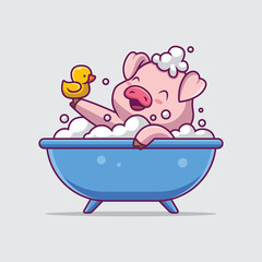 Cute pig bathing in the bathtub cartoon illustration