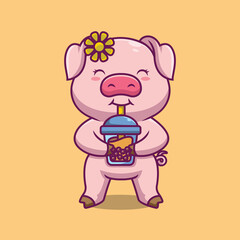 Cute pig drinking bubble tea cartoon illustration