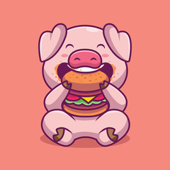 Cute pig eating burger cartoon illustration