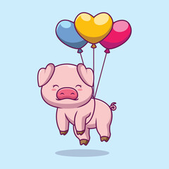 Cute pig floating with balloon cartoon illustration