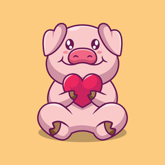 Cute pig holding love cartoon illustration