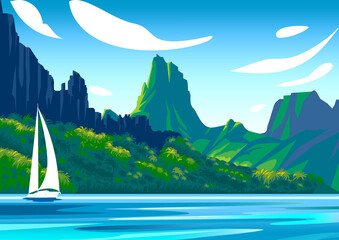 French Polynesia Moorea Tropical Beach Island Landscape. Handmade drawing vector illustration. Retro style travel poster design. - obrazy, fototapety, plakaty