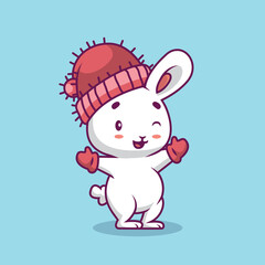 Fototapeta na wymiar Cute rabbit wearing glove and hat cartoon illustration