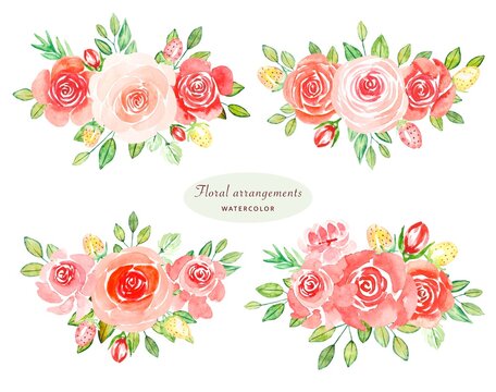 Watercolor set of floral arrangements of red roses ,perfect for greeting cards,wedding invitation.