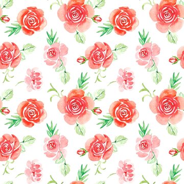 Seamless pattern with hand-drawn watercolor red roses