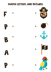 Match pirate objects and letters. Educational logical game for kids. Vocabulary worksheet.