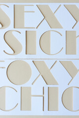 white paper stencil with words: sexy, sick, foxy, chic