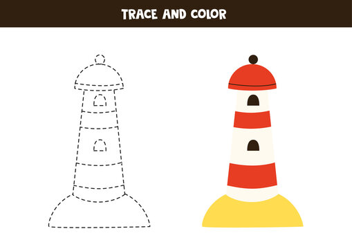 Trace and color lighthouse. Worksheet for children.