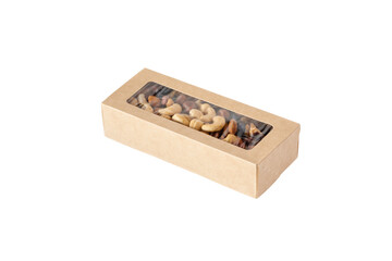 Small brown carton gift box with different varieties of nuts and a transparent window, isolated on white.