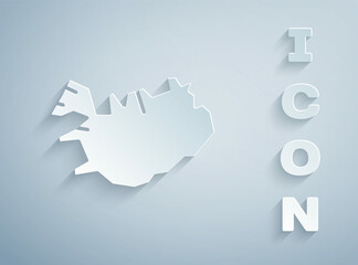 Paper cut Map of Iceland icon isolated on grey background. Paper art style. Vector