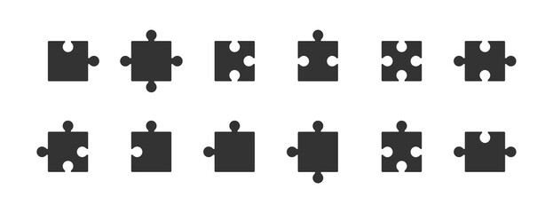 Set of black puzzle pieces. Jigsaw icon. Flat vector illustration.