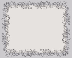 Decorative card with border from sketches vintage floral twigs with leaves,flowers and tendrils