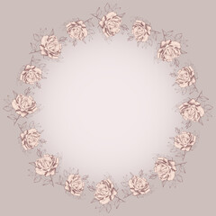 Decorative greeting card with round border from sketches delicate garden roses